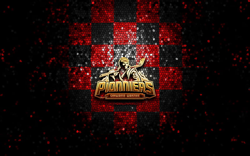 Pionniers Chamonix Mont-Blanc, glitter logo, Ligue Magnus, red black checkered background, hockey, french hockey team, Pionniers Chamonix Mont-Blanc logo, mosaic art, french hockey league, France, HD wallpaper