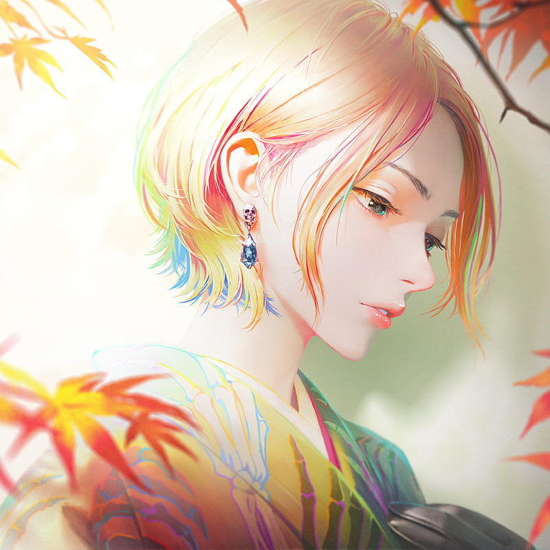 beautiful anime girl, short hair, blonde, fall, earring, looking down, Anime, HD phone wallpaper