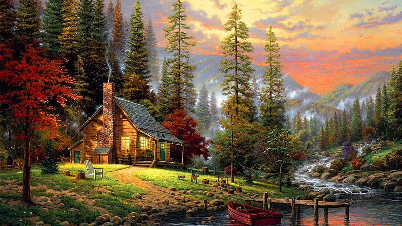 Beautiful house near the river, Painting, Riverside, House, Stream, HD wallpaper
