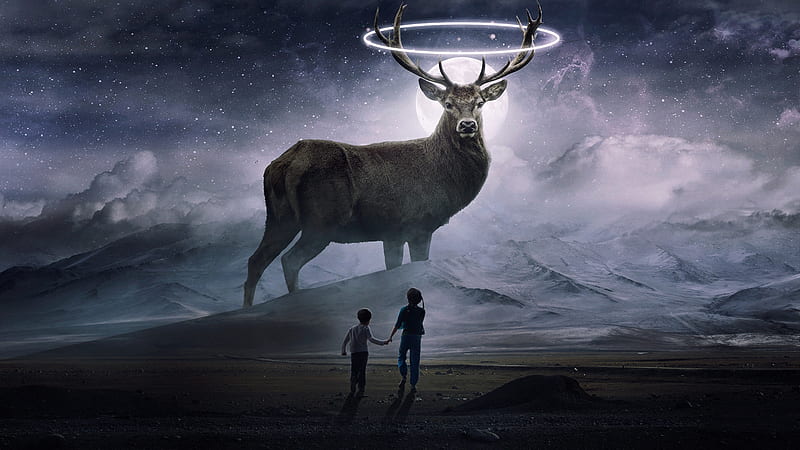 Fantasy Animals, Deer, Child, Moon, Mountain, HD wallpaper