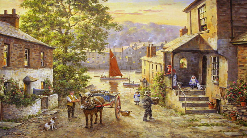 Donkey Cart In Fishing Village, Boat, English, Old, Dog, Donkey, River, Cart, Painting, Fishing, HD wallpaper