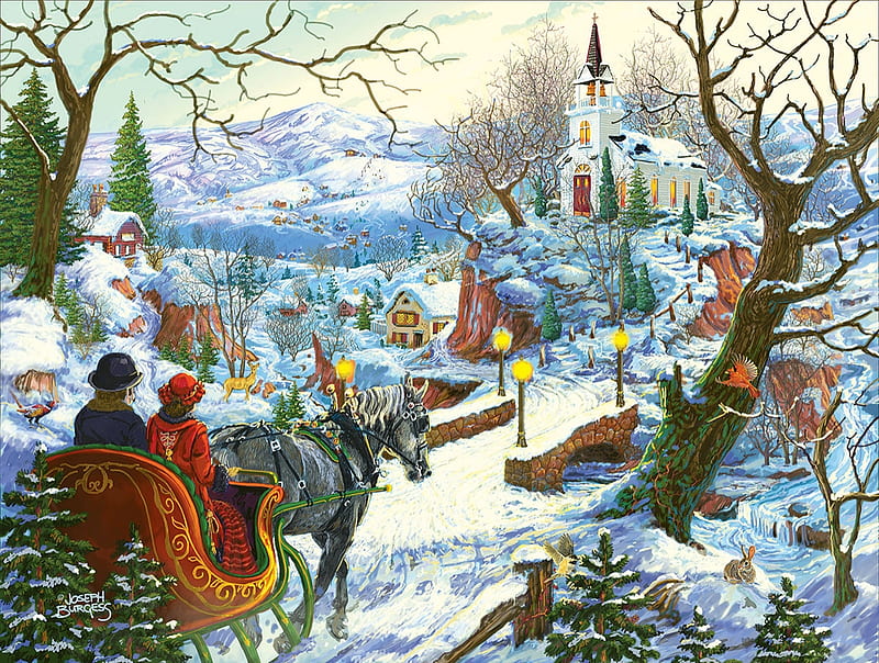 One snowy day, snow, people, church, horse, trees, artwork, landscape, sleigh, painting, vintage, HD wallpaper