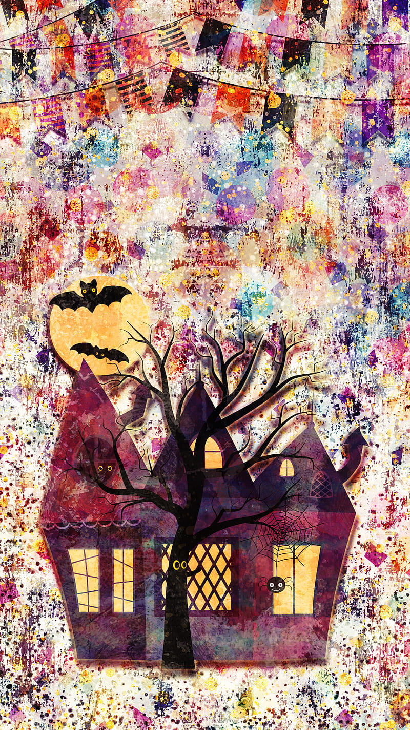 Halloween Creepy House, Adoxali, Halloween, October, autumn, background, bat, black, castle, color, creepy, day of the dead, evil, fence, flying, fright, glowing, haunted, horror, house, illustration, light, lit, mansion, moon, night, party, pumpkin, scary, scene, spooky, treat, tree, trick, watercolor, HD phone wallpaper