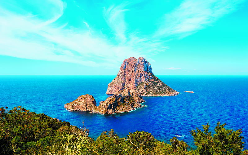 Mediterranean Sea, Ibiza, Balearic Islands, rocks, coast, seascape, summer Spain, HD wallpaper