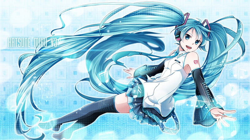 Hatsune Miku V3, vocaloid, hatsune miku, skirt, tie, ponytails