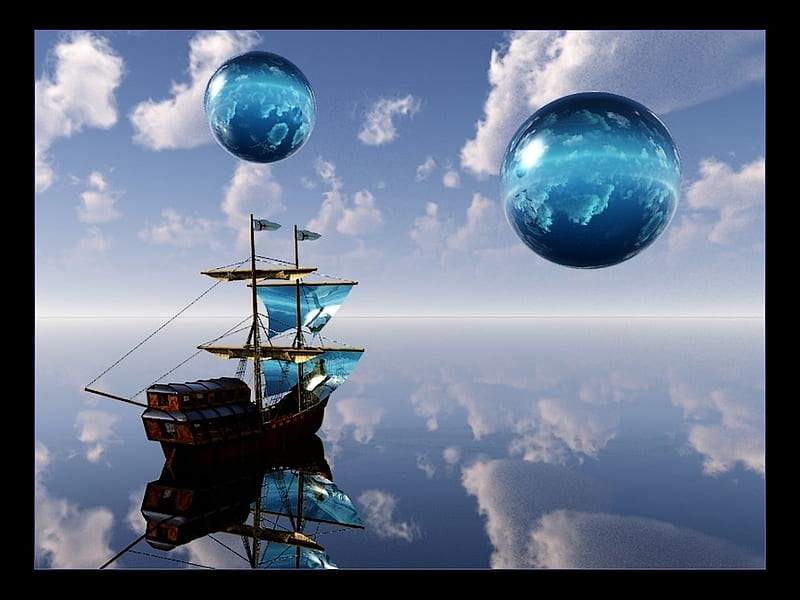 Beyond, art, ship, bubbles, reflection, clouds, sky, sea, HD wallpaper