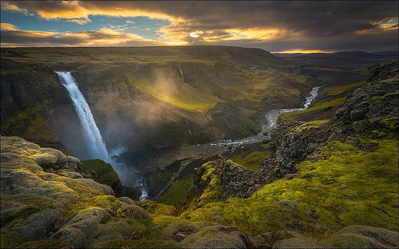 Haifoss Waterfall, Iceland, river, sunset, clouds, canyon, sky, HD wallpaper