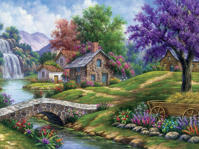 By Arturo Zarraga, river, bridge, Arturo Zarraga, tree, cottage, painting, HD wallpaper