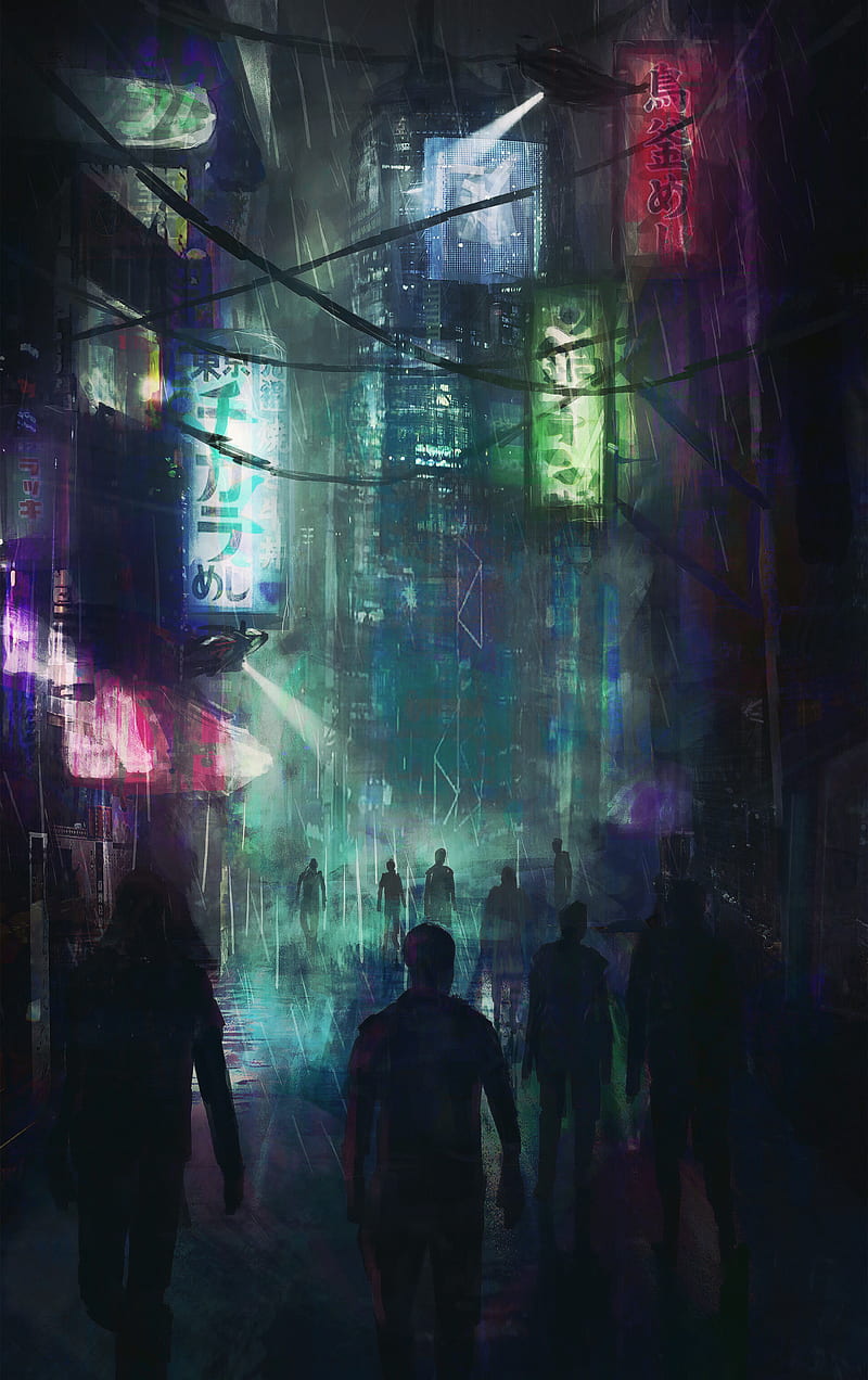 city, crowd, silhouettes, cyberpunk, art, night city, HD phone wallpaper