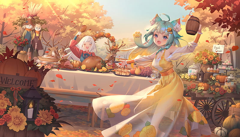Ready for Thanksgiving, demeter wu, table, girl, food, anime, manga, yellow, thanksgiving, HD wallpaper