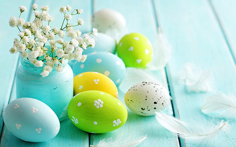 Easter eggs, blue Easter background, white spring flowers, Easter, blue wooden background, HD wallpaper