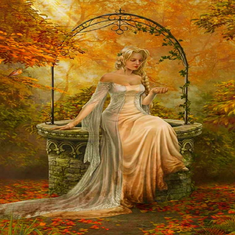 Making A Wish, pretty, autumn, wishing well, trees, woman, HD wallpaper