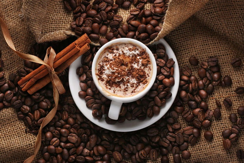 A Perfect Cup Of Coffee, burlap, still life, coffee, cinnamon, cup, coffee beans, cream, HD wallpaper