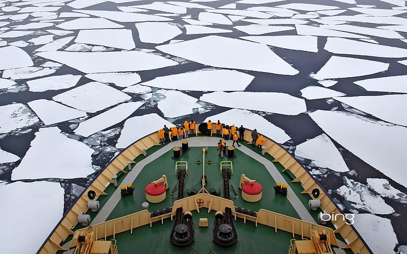 Icebreaker traveling in Antarctica ice floes-Bing, HD wallpaper