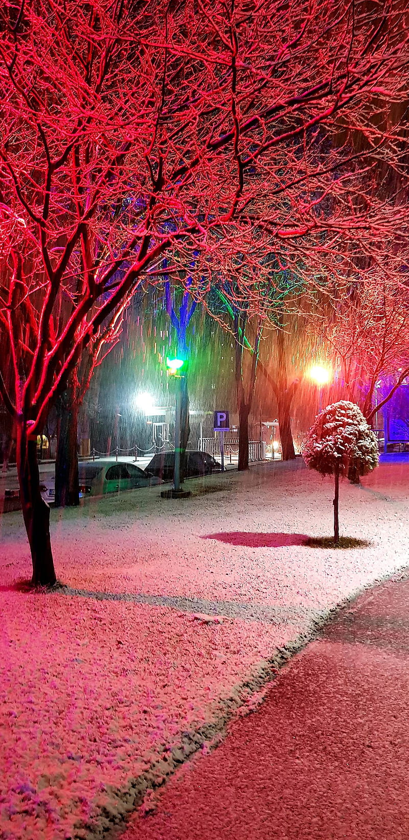 RedNight, city, here, light, lights, night, red, snow, winter, HD phone wallpaper