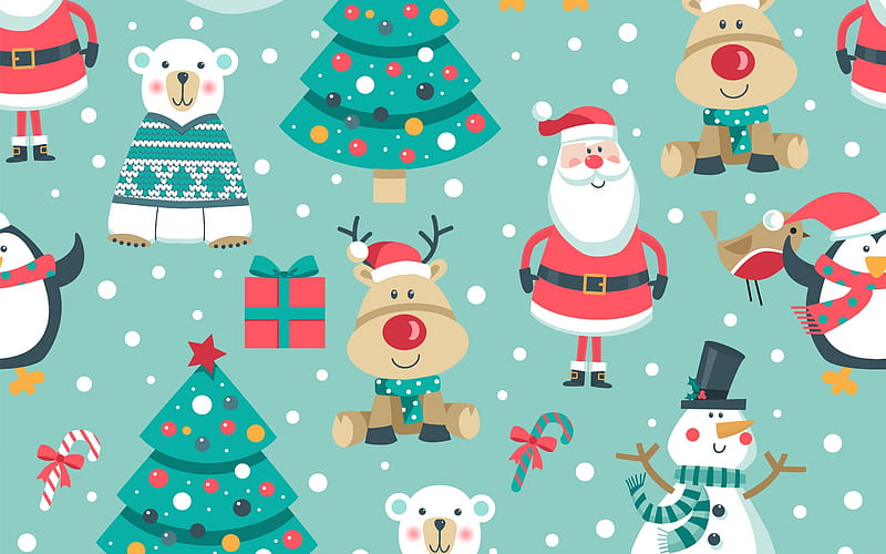 Texture, snowman, blue, winter, pattern, red, christmas, craciun, bear, santa, reindeer, paper, white, HD wallpaper