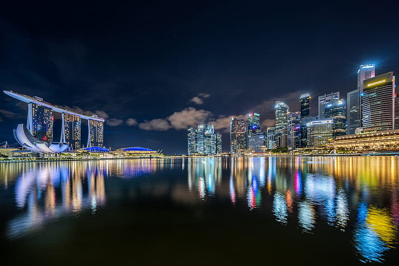 Cities, Singapore, Night, Light, City, Reflection, Building, Skyscraper, Marina Bay Sands, HD wallpaper