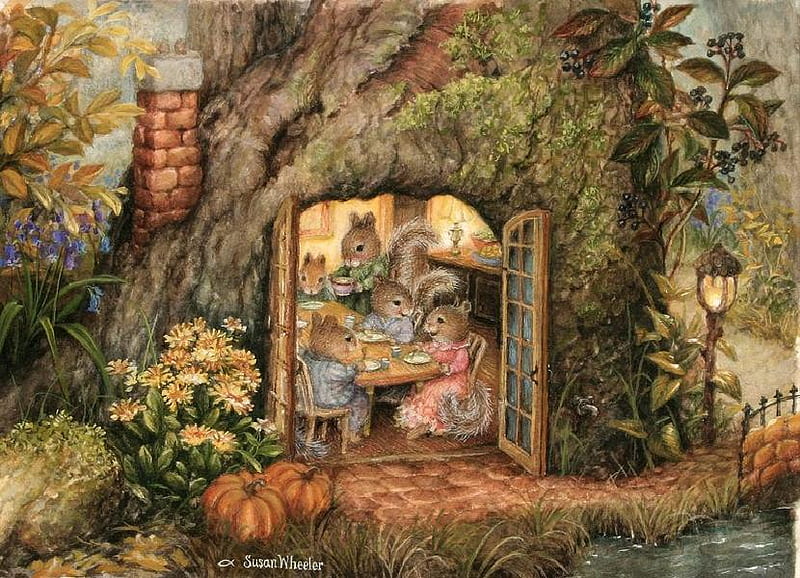 Squirrel Thanksgiving, family, table, squirrels, woods, door, thanksgiving, water, bridge, painting, flowers, tree trunk, pumpkins, HD wallpaper