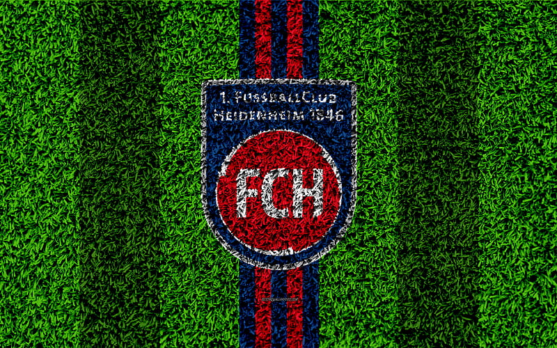 FC Heidenheim 1846 German football club, football lawn, logo, emblem, red blue lines, Bundesliga 2, Heidenheim an der Brenz, Germany, football, grass texture, HD wallpaper