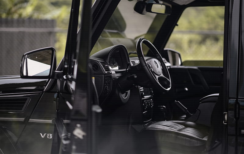 mercedes-benz g500, mercedes, car, black, salon, interior, steering wheel, dashboard, HD wallpaper