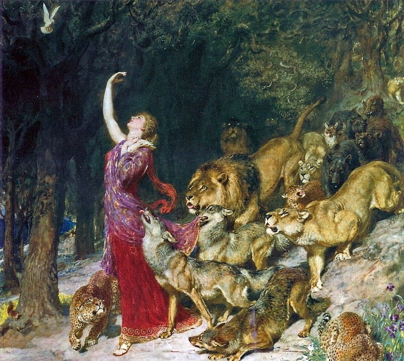 Aphrodite, art, red, goddess, painting, briton riviere, animal, lion, pictura, HD wallpaper
