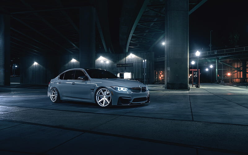 BMW M3, F80, night, 2017 cars, tuning, gray m3, german cars, BMW, HD wallpaper
