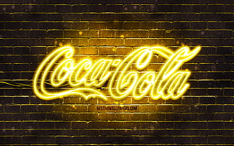 Coca-Cola yellow logo yellow brickwall, Coca-Cola logo, brands, Coca-Cola neon logo, Coca-Cola, HD wallpaper