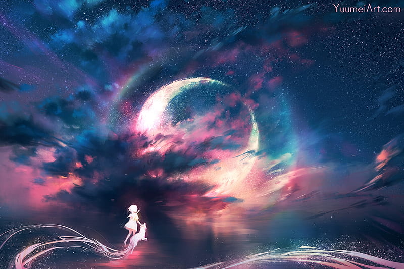 Chasing dreams, yuumei, night, luminos, moon, moon, fantasy, vulpe, girl, fox, pinj, blue, HD wallpaper