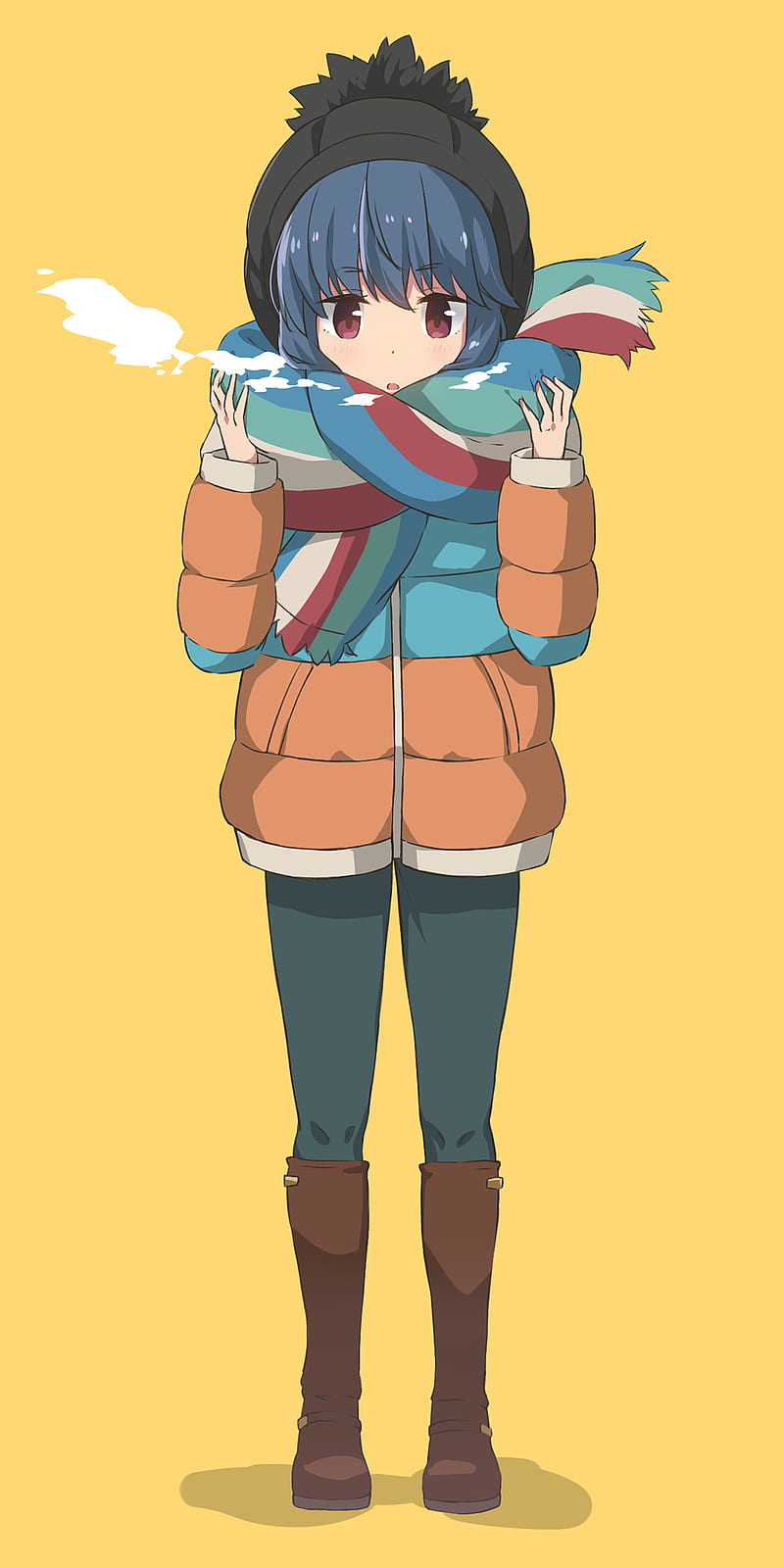 Yuru Camp, Rin Shima, standing, yellow background, anime girls, anime, HD phone wallpaper