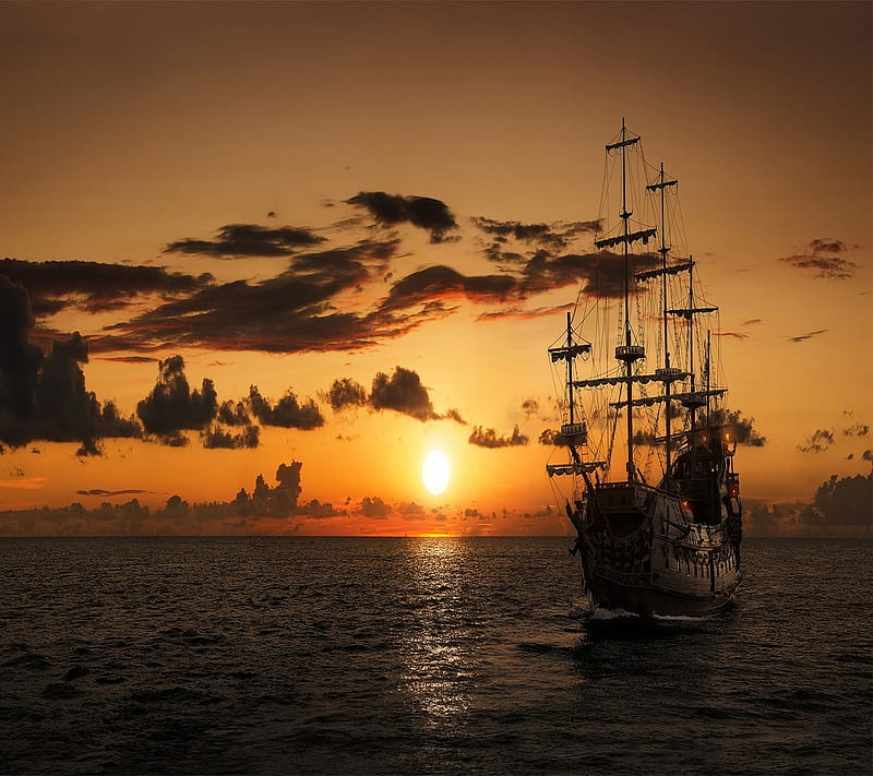 frigate, sailboat, sea, sunset, HD wallpaper