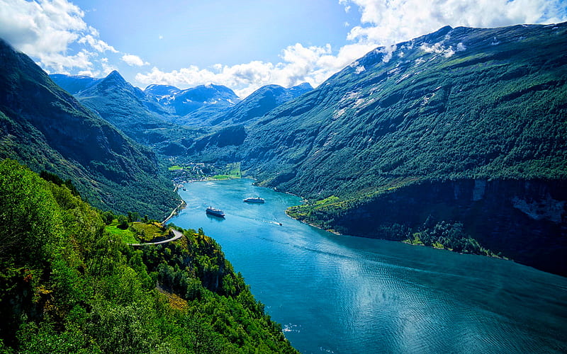 Norway, summer, fjord, mountains, beautiful nature, cruise liners, Europe, HD wallpaper