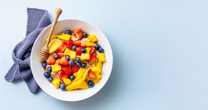 Breakfast, still life, oatmeal, blue berries, fruit, mango, HD wallpaper