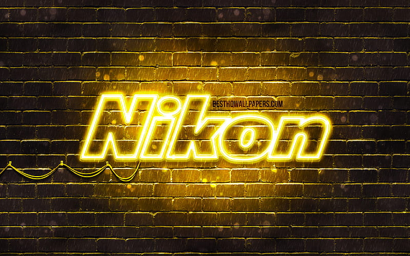 Nikon yellow logo yellow brickwall, Nikon logo, brands, Nikon neon logo, Nikon, HD wallpaper