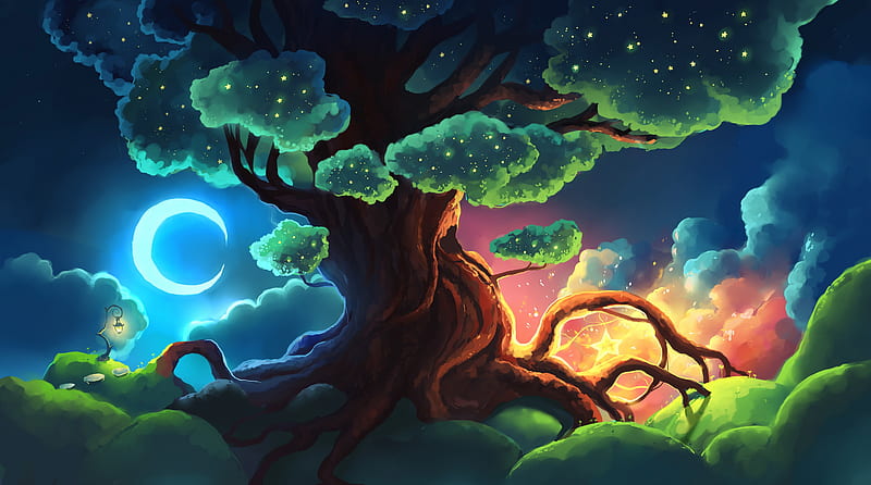 Magical Tree Fantasy Art Ultra, Artistic, Fantasy, Moon, Night, Star, Tree, Drawing, HD wallpaper