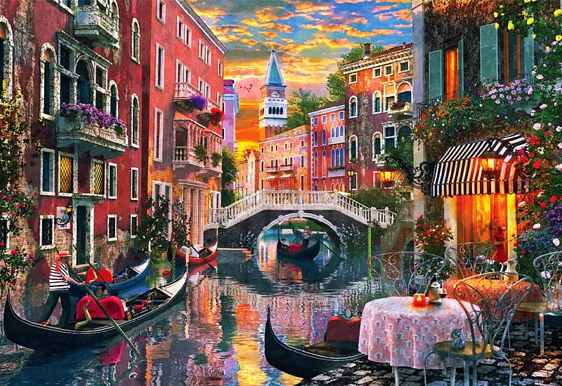 Venice Evening, artwork, chairs, restaurant, table, digital, canal, bridge, houses, HD wallpaper