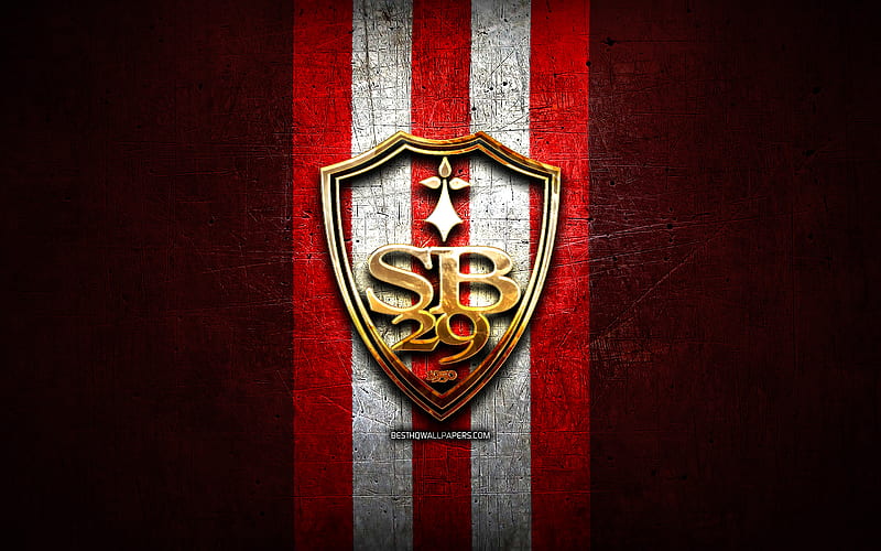Stade Brestois 29 FC, golden logo, Ligue 1, red metal background, football, Stade Brestois 29, french football club, Stade Brestois 29 logo, soccer, France, HD wallpaper
