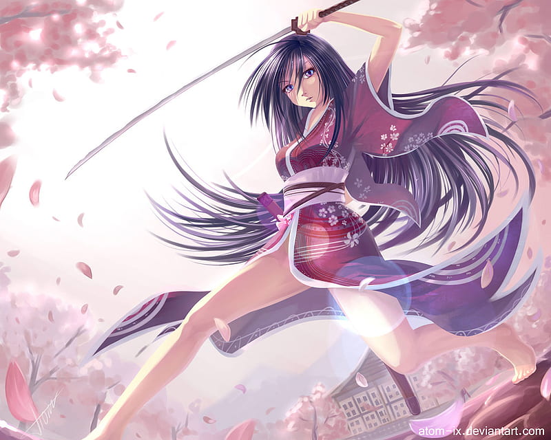Sword Dance, house, cherry blossom, blade, anime, hot, anime girl, weapon, sword, ninja, sakura, female, petal, kimono, sexy, building, cute, girl, HD wallpaper