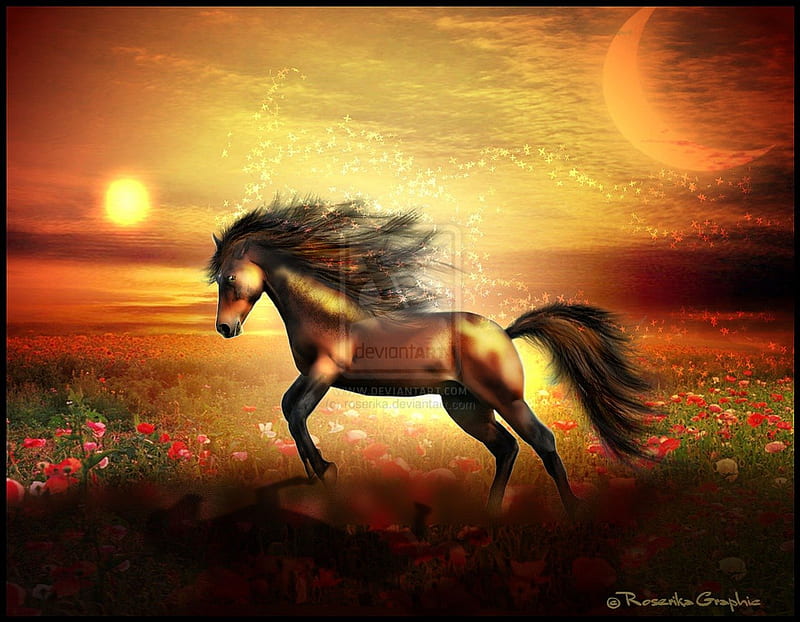 ~Hp Soar on Poppy Fields~, horsepower, cheval, power, bonito, creative pre-made, digital art, horse, manipulation, plants, flowers, fields, backgrounds, animals, HD wallpaper