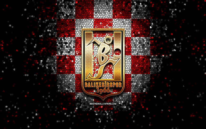 Balikesirspor FC, glitter logo, 1 Lig, red white checkered background, soccer, turkish football club, Balikesirspor logo, mosaic art, TFF First League, football, Balikesirspor KD, HD wallpaper