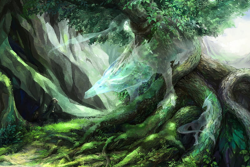 Spirits of the forest, forest, spirit, art, tree, fantasy, green, dragon, HD wallpaper