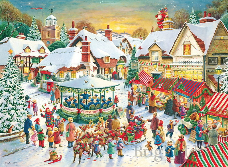 Ho, ho, ho..., reindeer, pictura, winter, art, roof, ed, park, iarna, fair, santa, people, painting, HD wallpaper