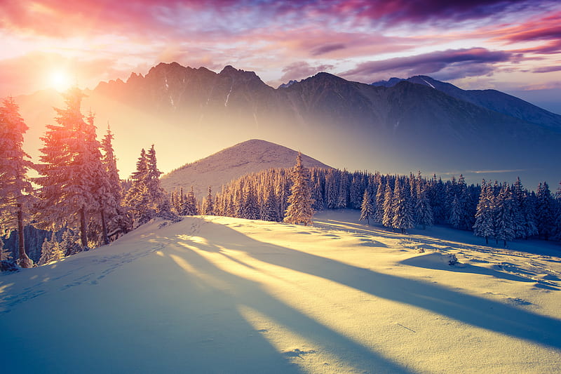 Winter Sun, landscape, mountains, nature, snow, sunset, sunshine, HD wallpaper
