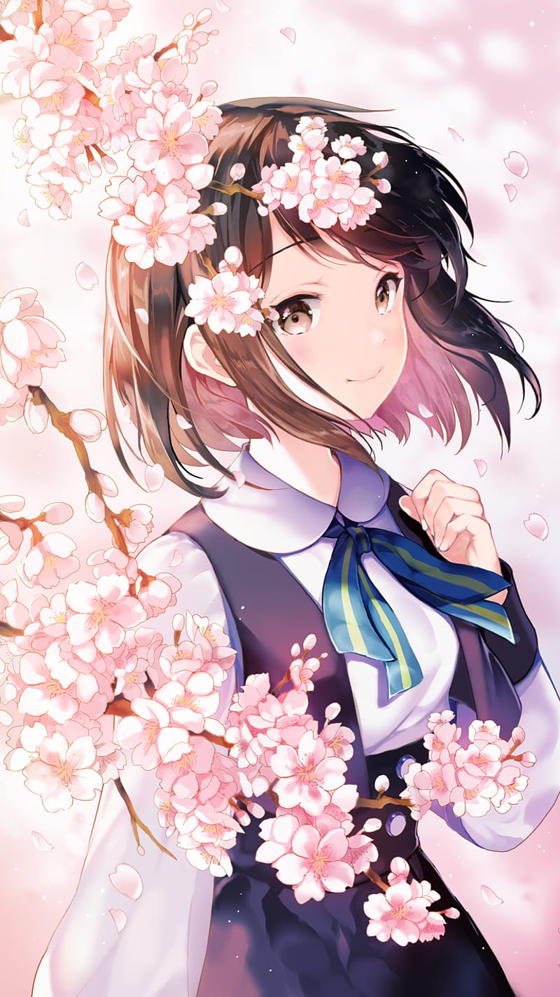 Kawaii girl, anime, cute, flowers, sakura, short hair, smile, uniform, HD  phone wallpaper | Peakpx