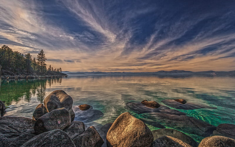 Tahoe Lake, mountain lake, evening, sunset, mountain landscape, lake, Sierra Nevada, USA, HD wallpaper