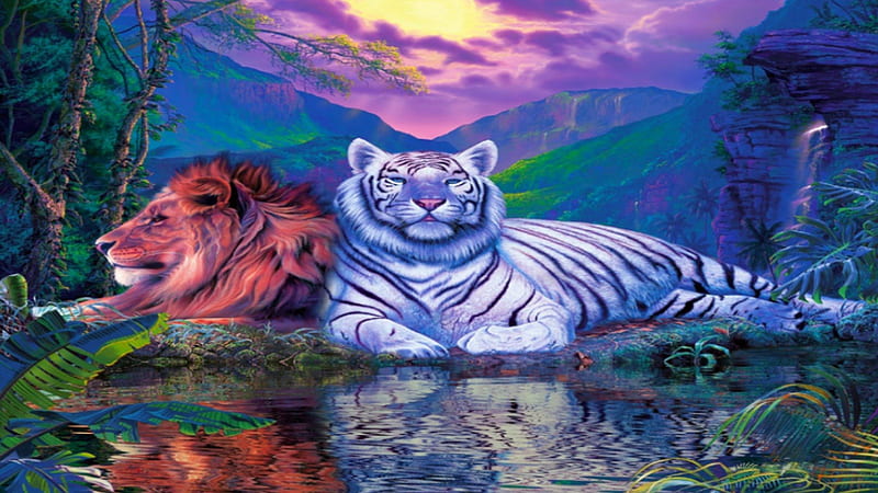 IN PEACE, white tiger, tiger, sunset, lion, fantasy, nature, cubs, big cats, animals, HD wallpaper