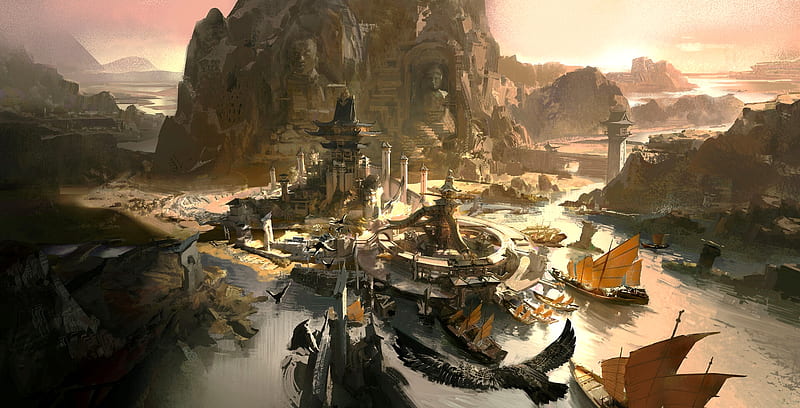 Fantasy Port, ships, fantasy port, HD wallpaper