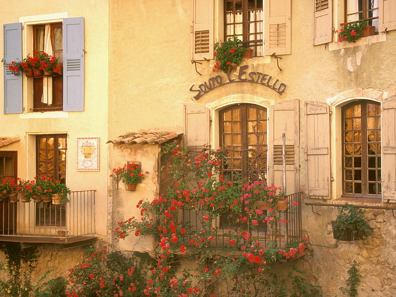 French Living, window, saint marie, france, balcony, flowers, maison, wrought iron, HD wallpaper