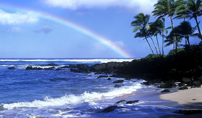 RAINBOW OVER THE BEACH, beach, ocean, rainbow, clouds, sky, blue, HD wallpaper