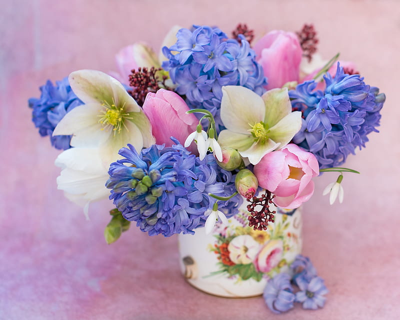 Spring flowers, hyacinth, snowdrop, bouquet, flower, spring, hellebore, pink, blue, primavara, HD wallpaper