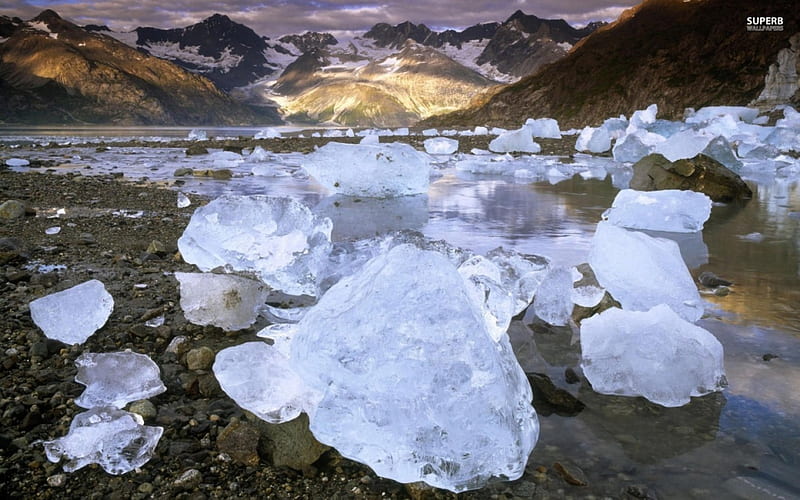Ice Boulders Near Glacier, mountain, glacier, snow, boulders, ice, frozen, winter, HD wallpaper